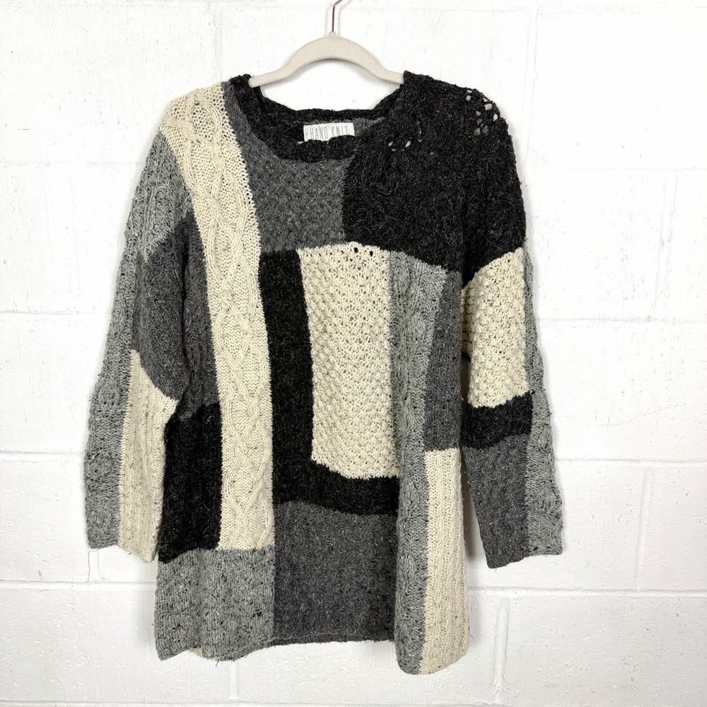 VTG The‎ Limited Hand Knit Wool Blend Sweater Patchwork Chunky Fisherman 90s M/L
